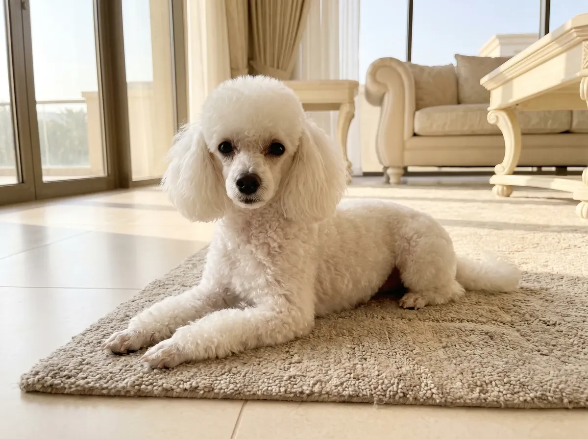 Teacup Poodle, a white adult lying on a stone-coloured rug, one of the Poodle colours