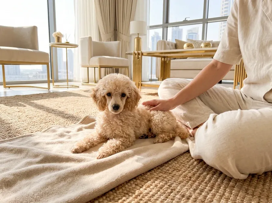 Teacup Poodle in Dubai, a cream puppy on a fleece, a pet parent's hand on its back, towers behind