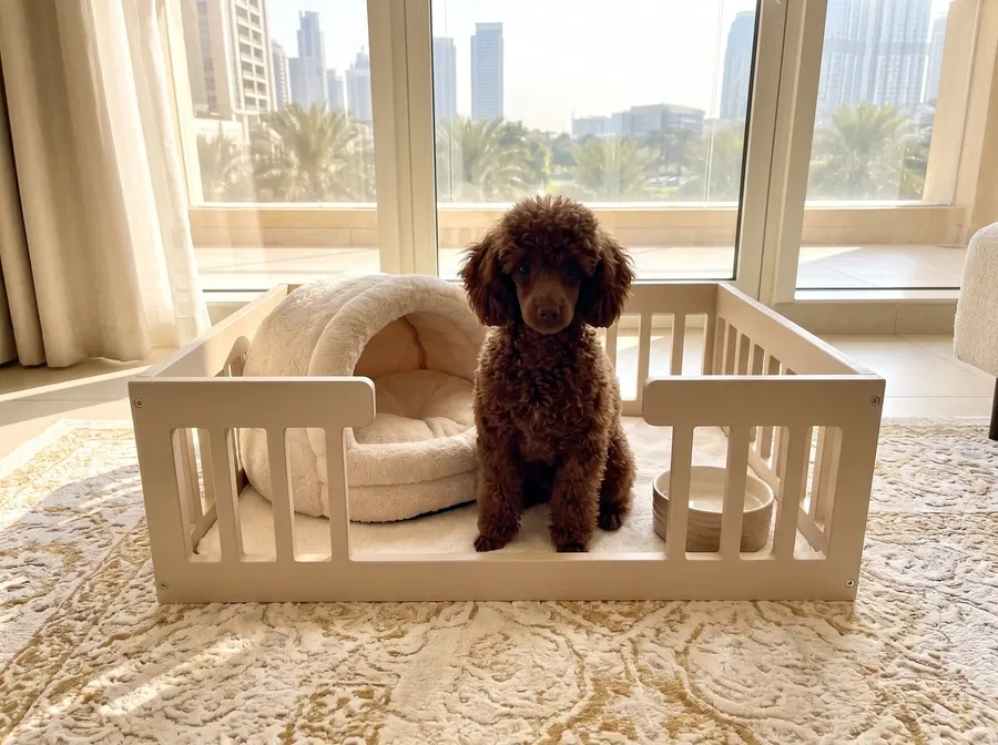 Teacup Poodle in Dubai, a brown young dog in a puppy pen with a covered bed, palms and towers outside