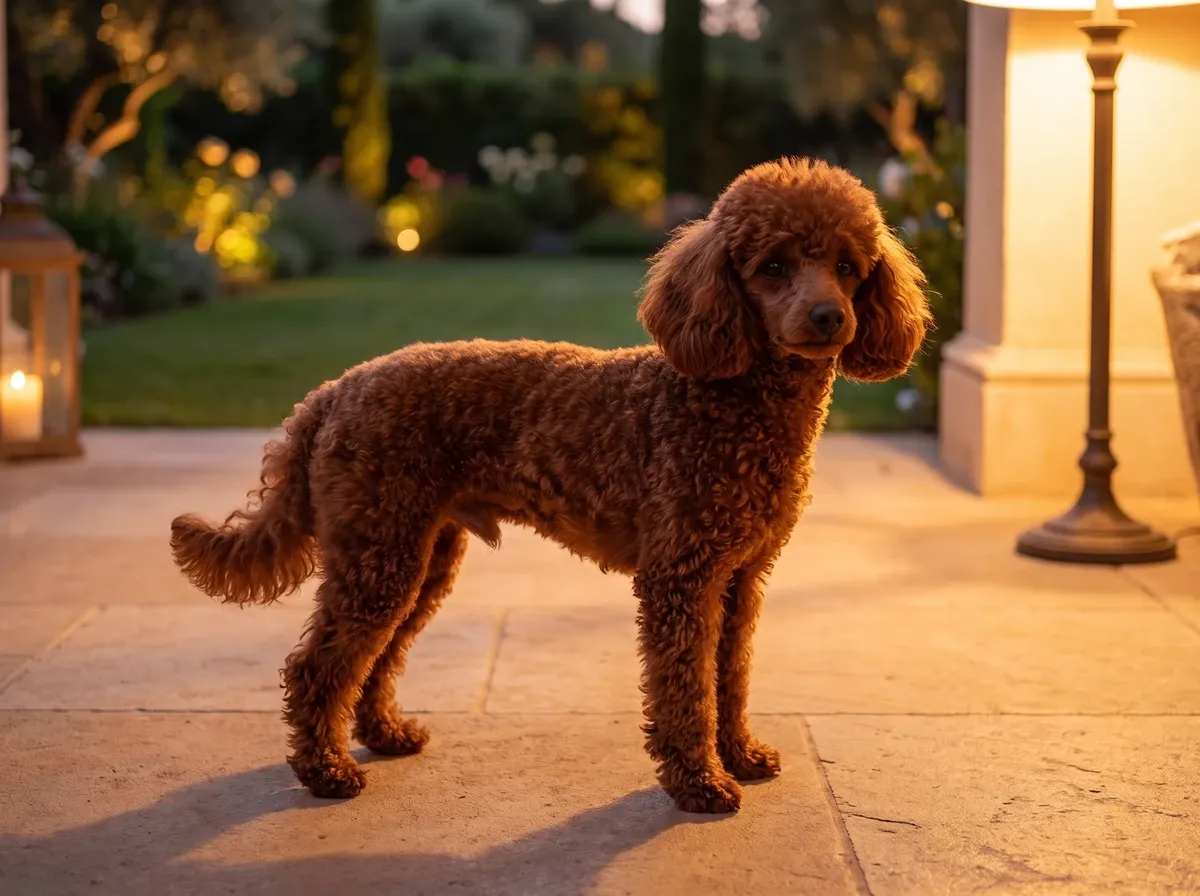 Toy Poodle, a red adult of usual Toy size standing on a villa terrace in the evening