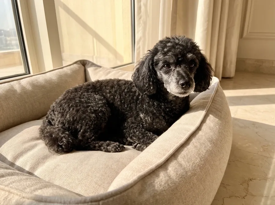 Teacup Poodle, an older black adult with a greying muzzle resting on a soft bed in the sun