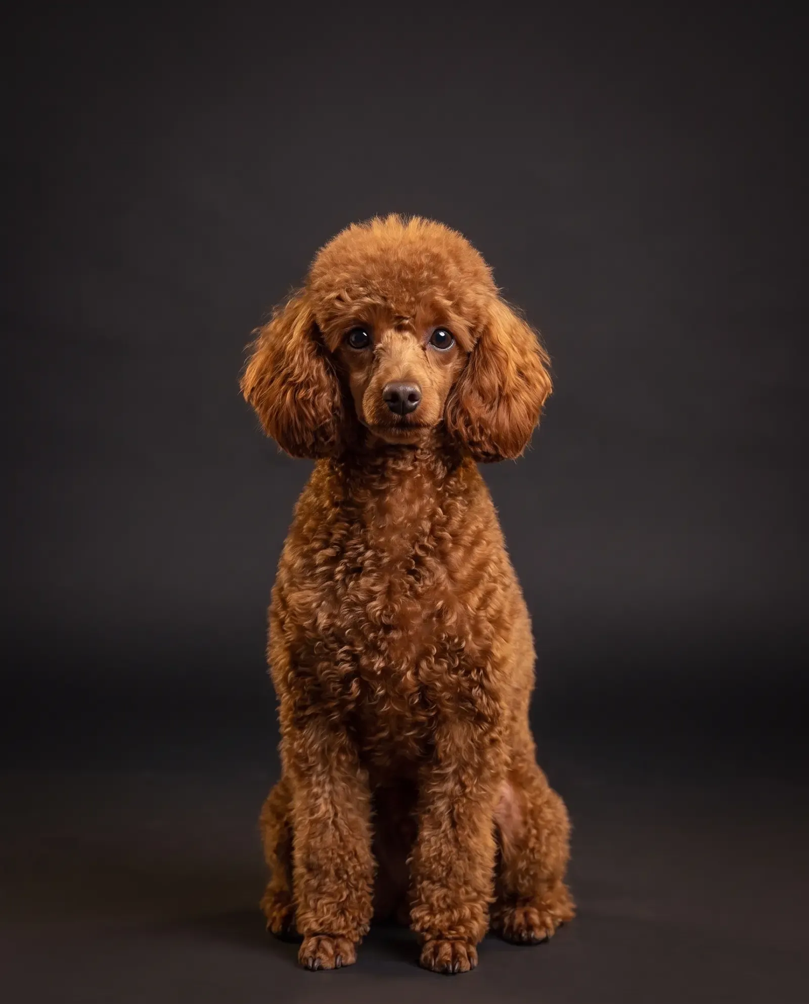 Teacup Poodle in Dubai, studio portrait of a calm red adult with tight curls, sitting