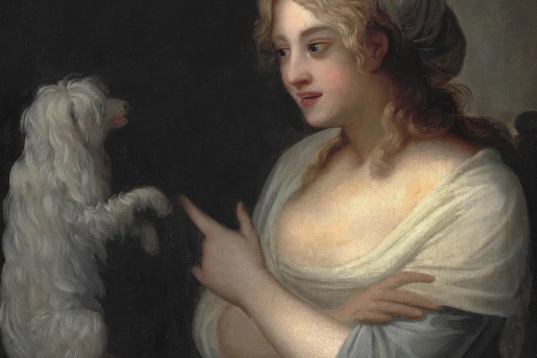 Teacup Poodle history, a small white Poodle sitting up beside a seated young woman, Denmark, about 1767 to 1790