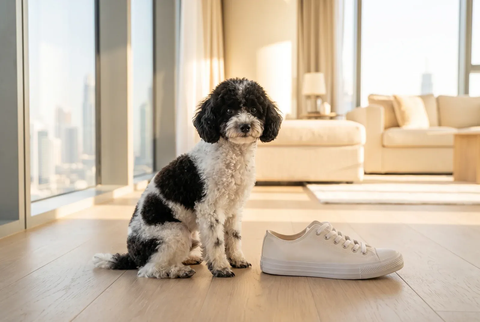 Teacup Poodle history, a black and white adult sitting beside a shoe to show the real size, Dubai, 2026