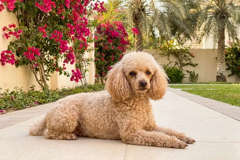 Teacup Poodle history, the breed today, an apricot adult lying on a villa garden path, Dubai, 2026