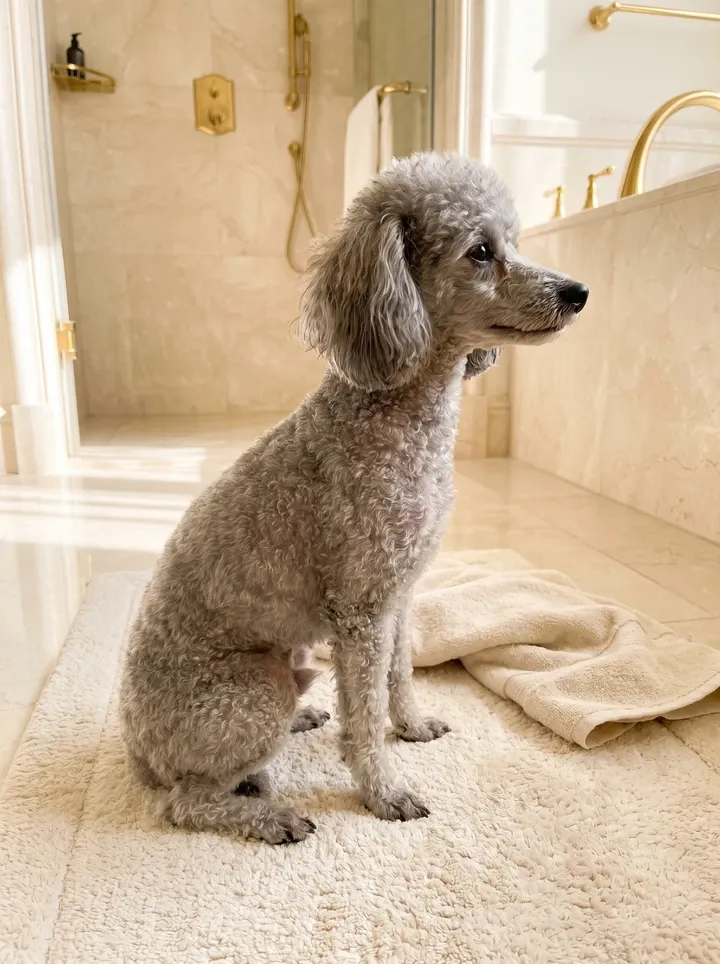 Teacup Poodle, a silver adult sitting side-on on a bath mat after a towel dry