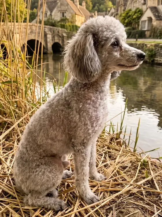 Teacup Poodle, a silver adult sitting side-on on a reed-lined riverbank by a village