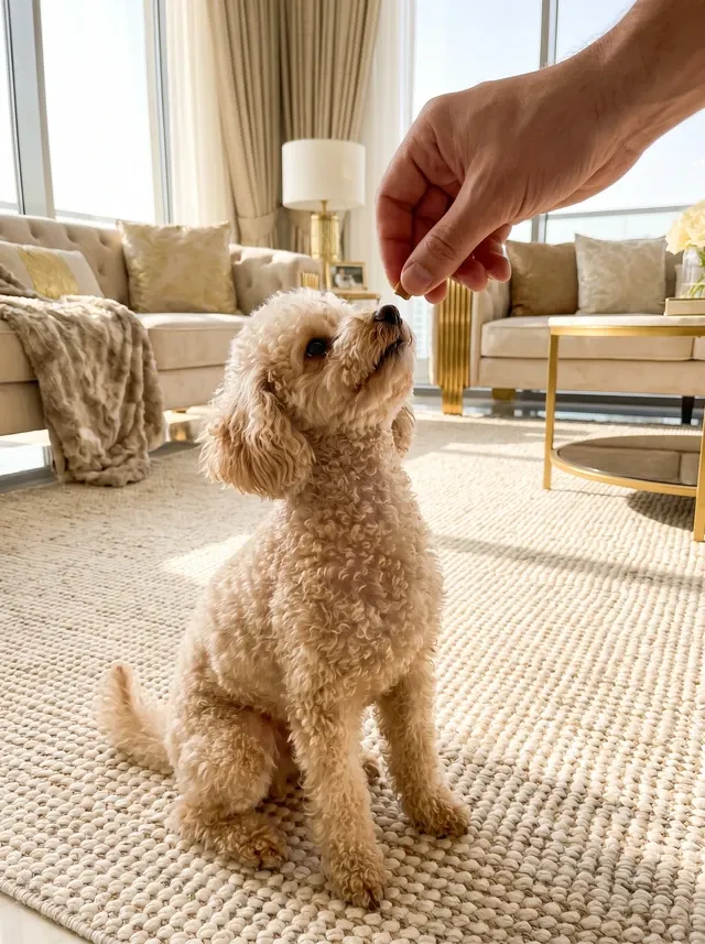 Teacup Poodle, a cream adult sitting on a woven rug, looking up at a hand holding a treat
