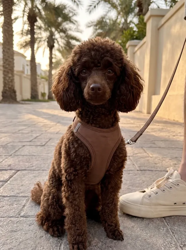 Teacup Poodle in Dubai, a brown adult in a soft harness on a palm-lined villa path at dawn