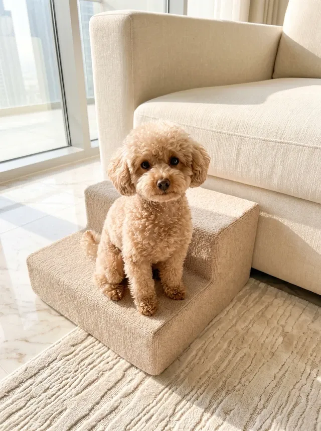 Teacup Poodle, a cafe au lait adult sitting on small pet steps beside a cream sofa