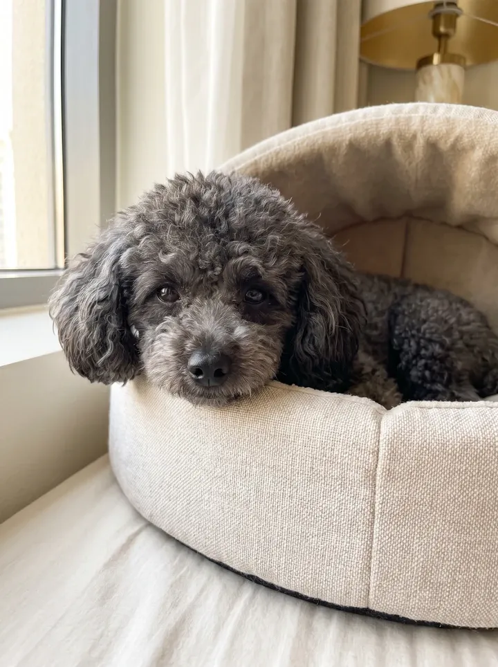 Teacup Poodle, a blue adult resting in a covered bed with the head at the opening