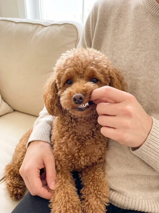 Teacup Poodle, an apricot adult in a pet parent's lap, a hand gently lifting the lip to show the teeth