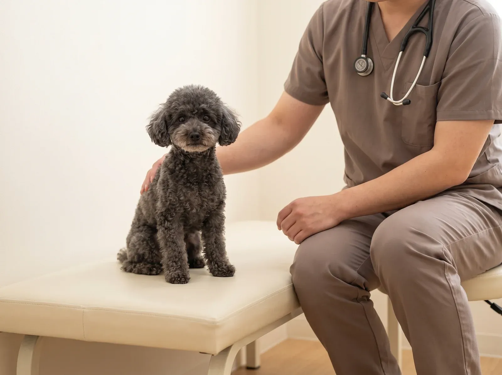 Teacup Poodle, a blue adult on a padded table, a vet in taupe scrubs with one hand on its back