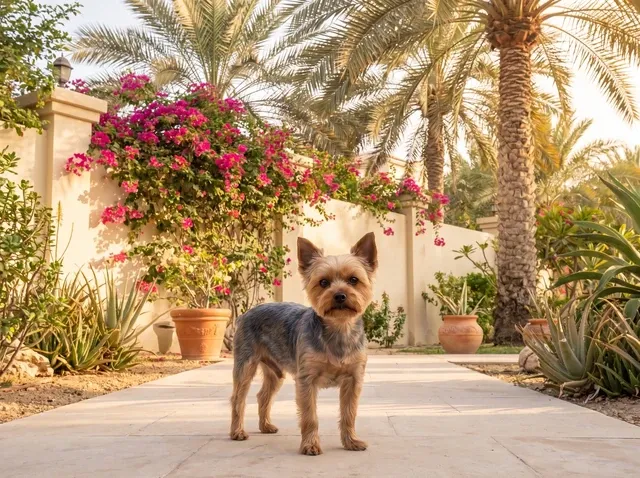 Teacup Yorkie in Dubai, a steel blue and tan adult standing on a villa path below bougainvillea and date palms