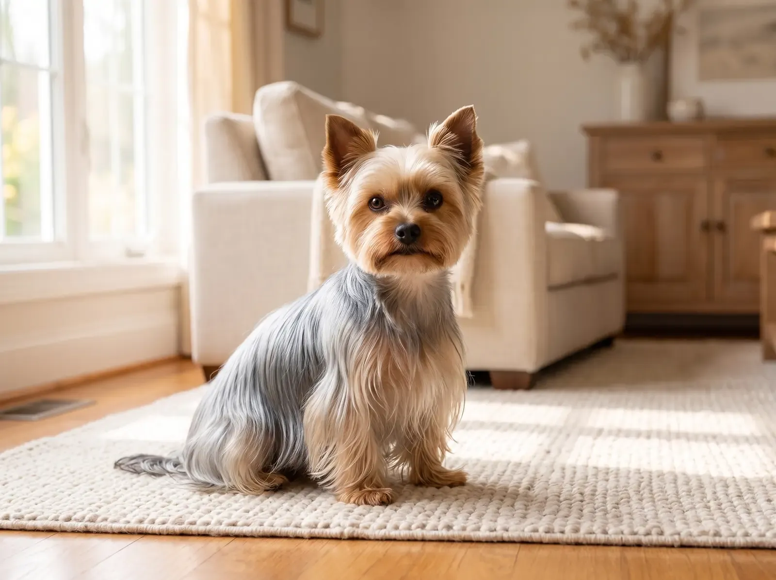 Teacup Yorkie, a silvery blue and gold adult with a long silky coat sitting on a cream rug on the floor