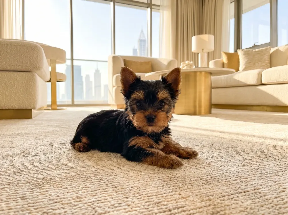 Teacup Yorkie in Dubai, a black and tan puppy lying on a cream rug, the skyline through the windows