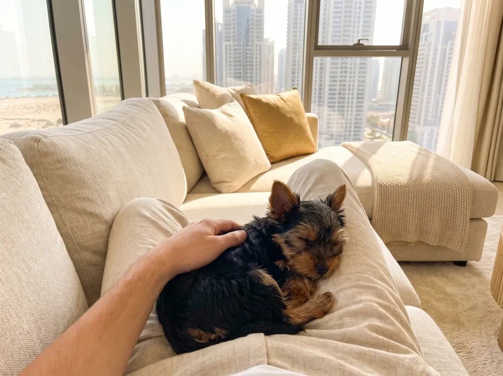 Teacup Yorkie in Dubai, a black and tan puppy asleep in a pet parent's lap, towers through the window