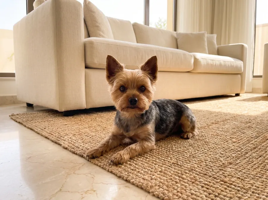 Teacup Yorkie, an adult lying on a jute rug laid over a marble floor in front of a cream sofa