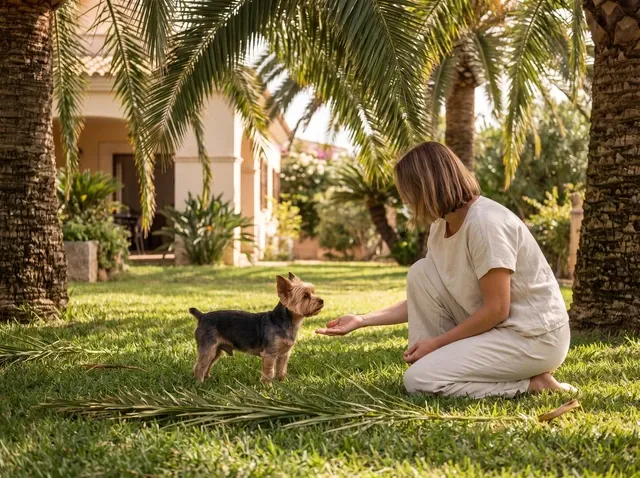 Yorkshire Terrier in Dubai, a standard-size adult meeting a pet parent kneeling on a lawn under date palms