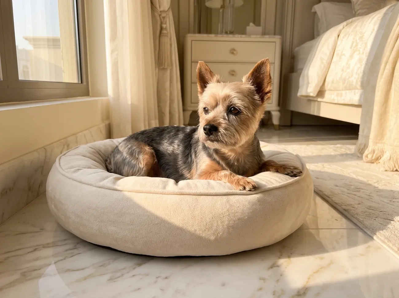 Teacup Yorkie, an older dog with a greying muzzle resting on a round cream bed on a marble floor