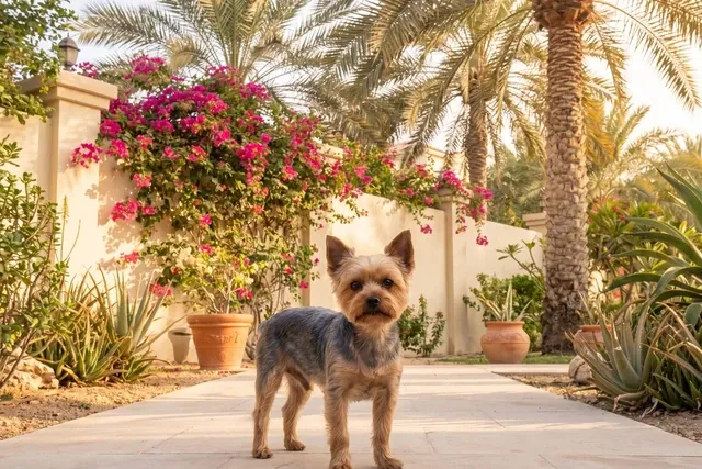 Teacup Yorkie history, the breed today, a steel blue and tan adult on a villa path, Dubai, 2026
