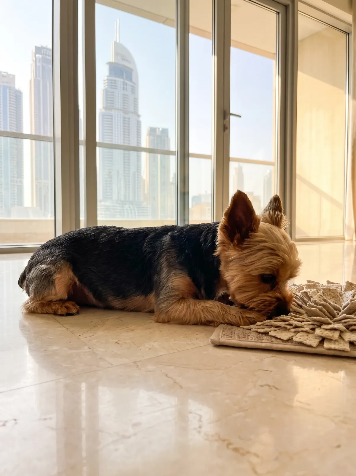 Teacup Yorkie in Dubai, the same black and tan adult nosing a snuffle mat, the skyline behind