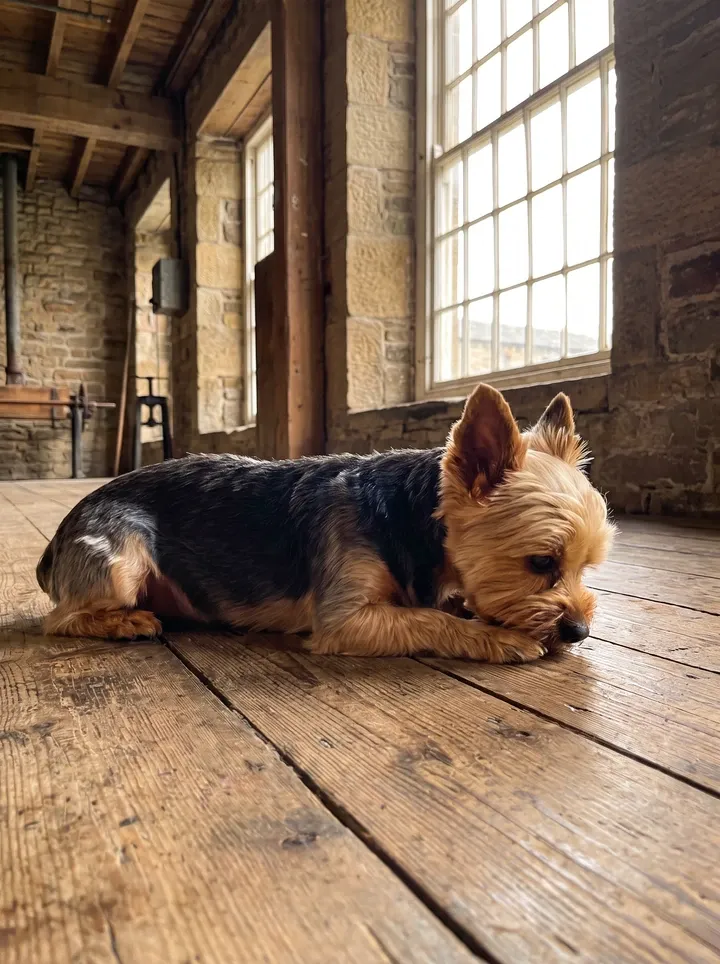 Teacup Yorkie, a black and tan adult lying nose down on worn floorboards in an old stone mill