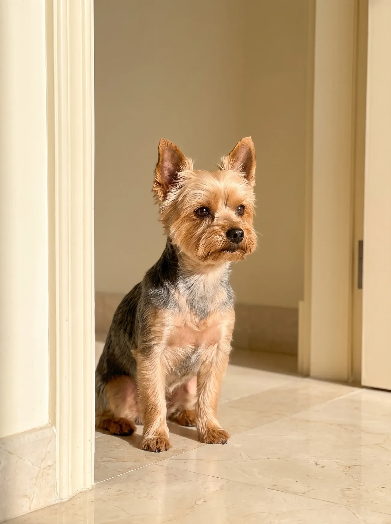 Teacup Yorkie, a steel blue and tan adult sitting alert in an apartment doorway on a marble floor