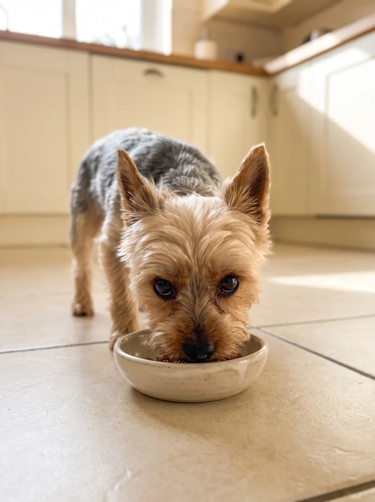 Teacup Yorkie, a blue and tan adult eating from a small shallow bowl on a kitchen floor