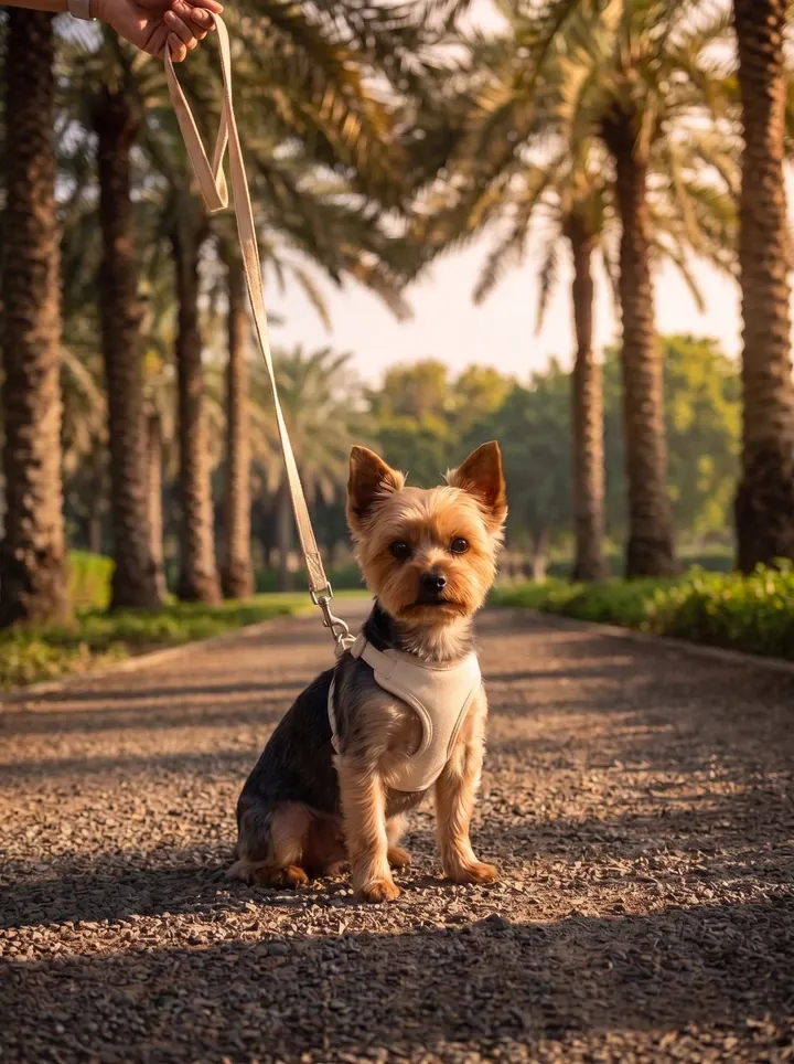 Teacup Yorkie in Dubai, a black and tan adult in a soft cream harness sitting on a palm-lined path at dawn