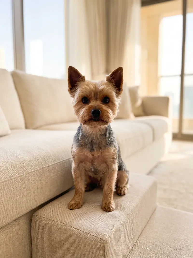 Teacup Yorkie, a steel blue and tan adult sitting on a padded pet step at the foot of a cream sofa