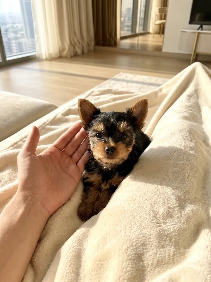 Teacup Yorkie in Dubai, a tiny black and tan puppy on a cream blanket beside a hand, towers through the window