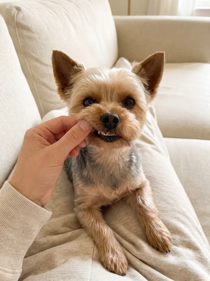 Teacup Yorkie, an adult on a pet parent's lap as a hand gently lifts the lip to show the teeth