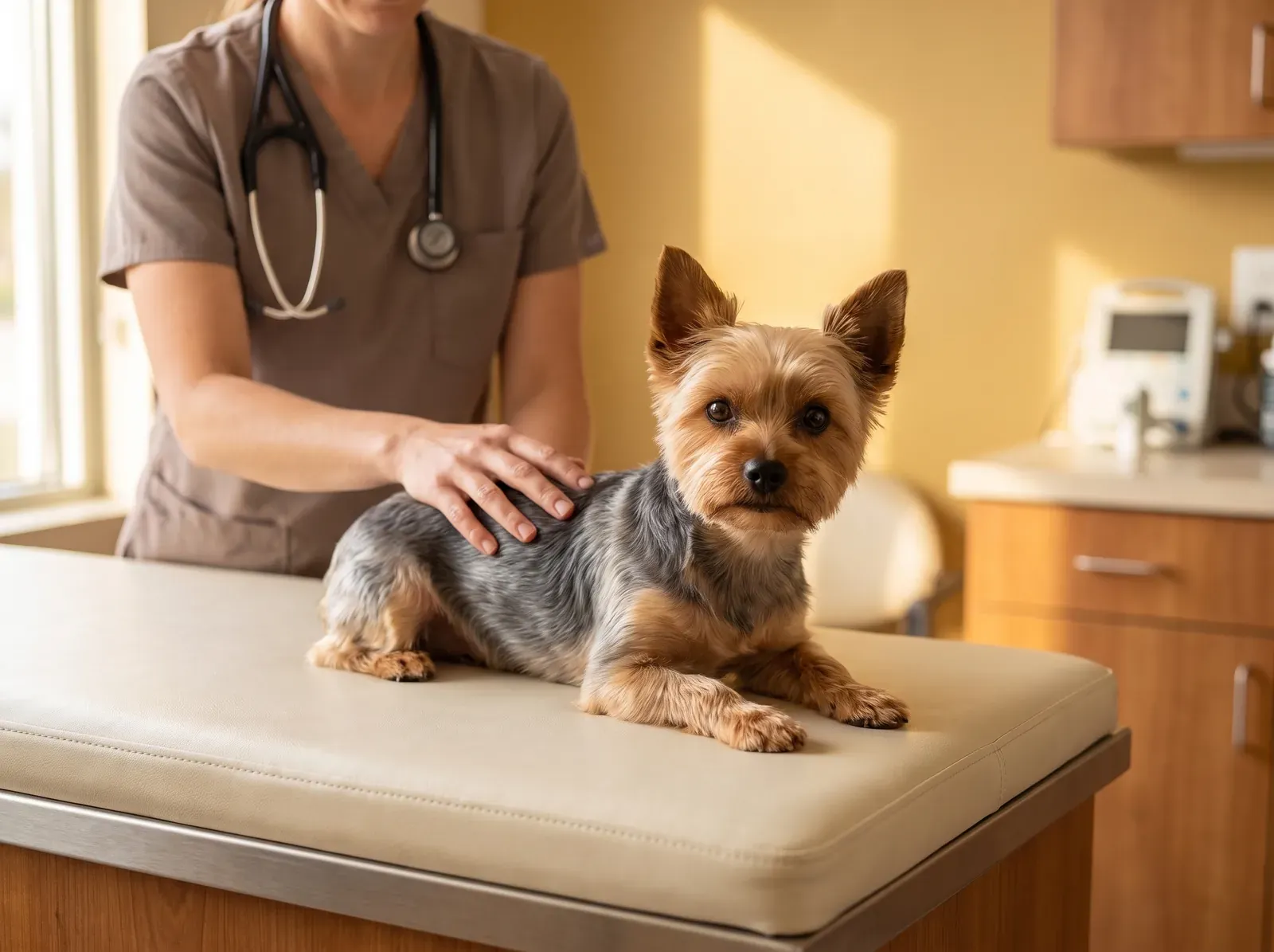 Teacup Yorkie, a steel blue and tan adult on a padded table as a vet in taupe scrubs rests a hand on their back