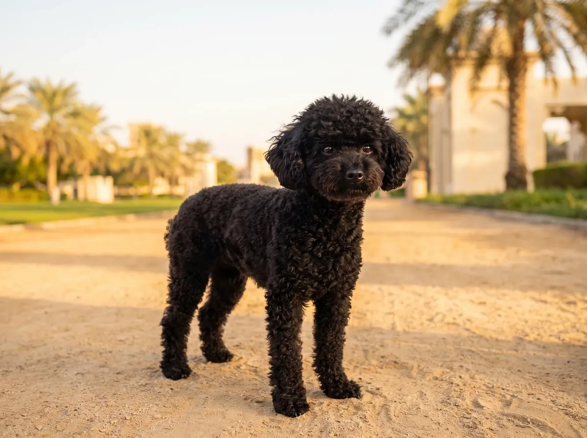 Toy Poodle in Dubai, a black adult standing on a sandy path lined with date palms