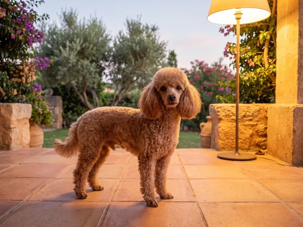 Toy Poodle, a red adult standing on a villa terrace in the evening, the garden behind