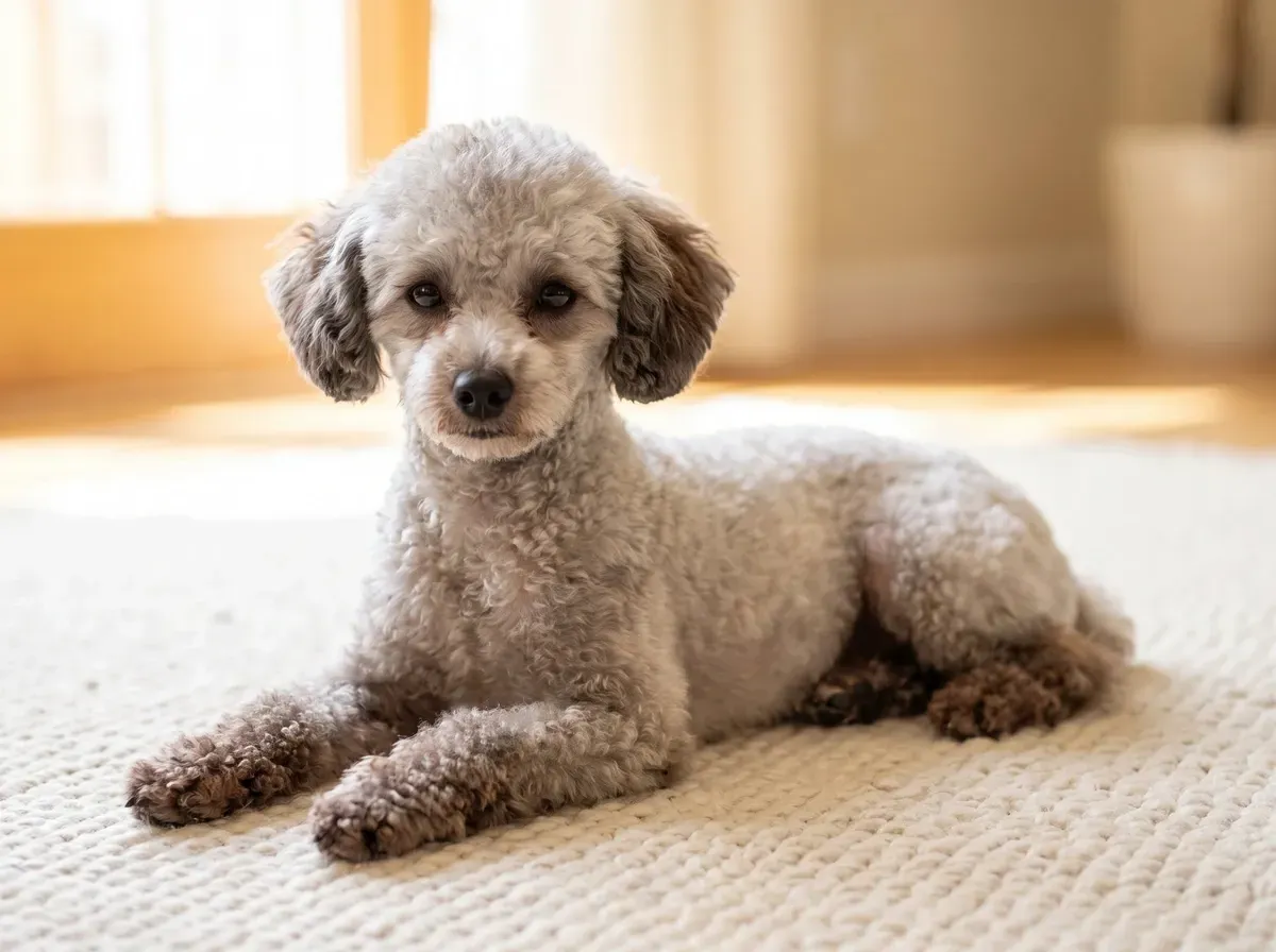 Toy Poodle, a silver adult lying on a cream wool rug