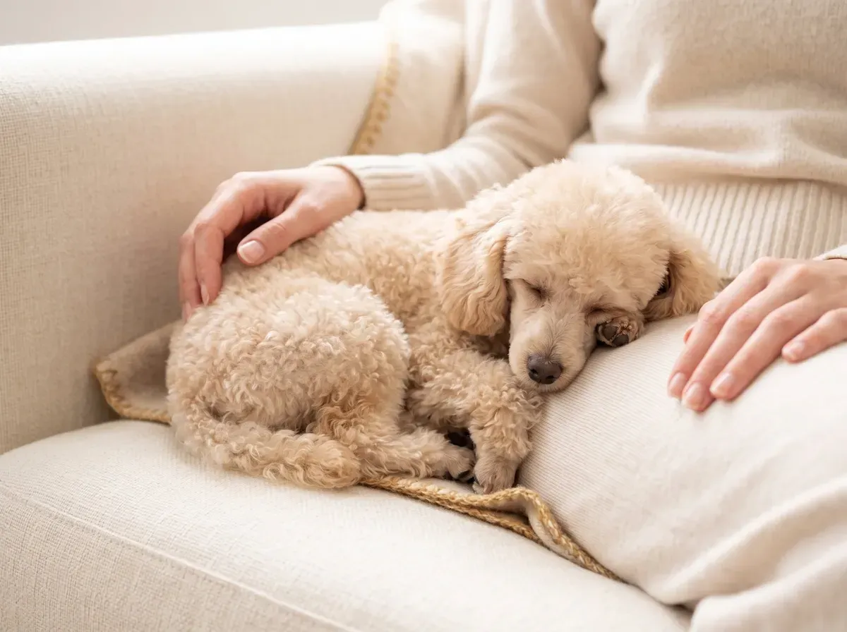 Toy Poodle, a cream puppy asleep on a pet parent's lap on the sofa