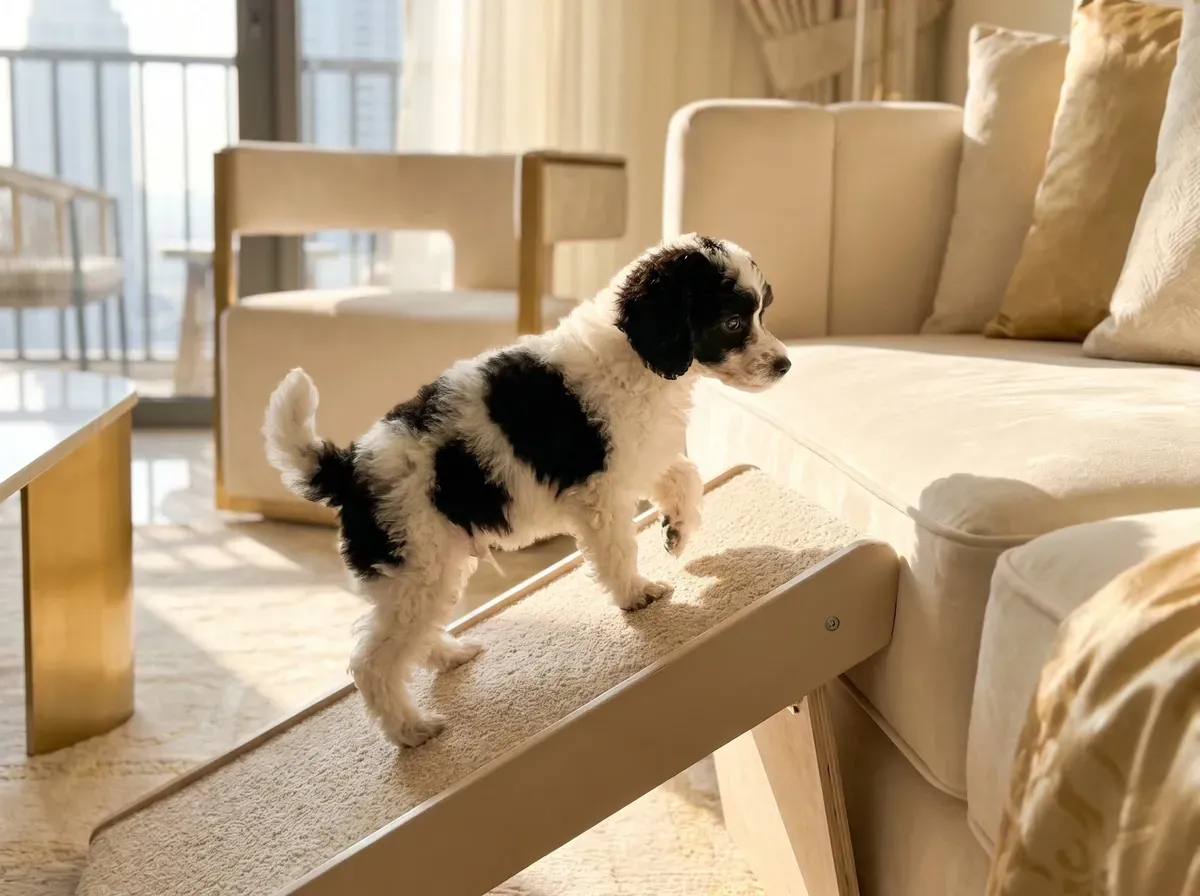 Toy Poodle, a black and white parti puppy walking up a pet ramp onto the sofa