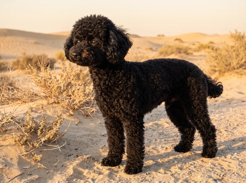 Toy Poodle in Dubai, a black adult standing on desert sand among dry grasses