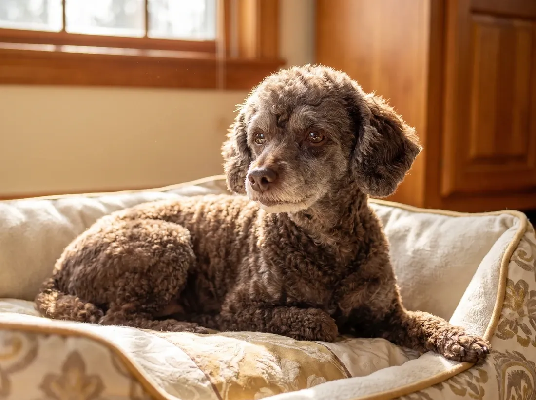 Toy Poodle, an older brown dog with a greying muzzle resting in a cushioned bed