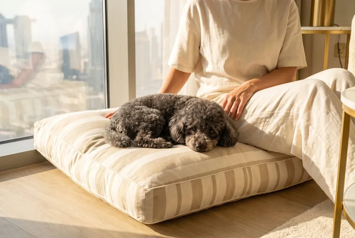 Toy Poodle history, the breed today, a dark adult curled on a floor cushion beside a pet parent