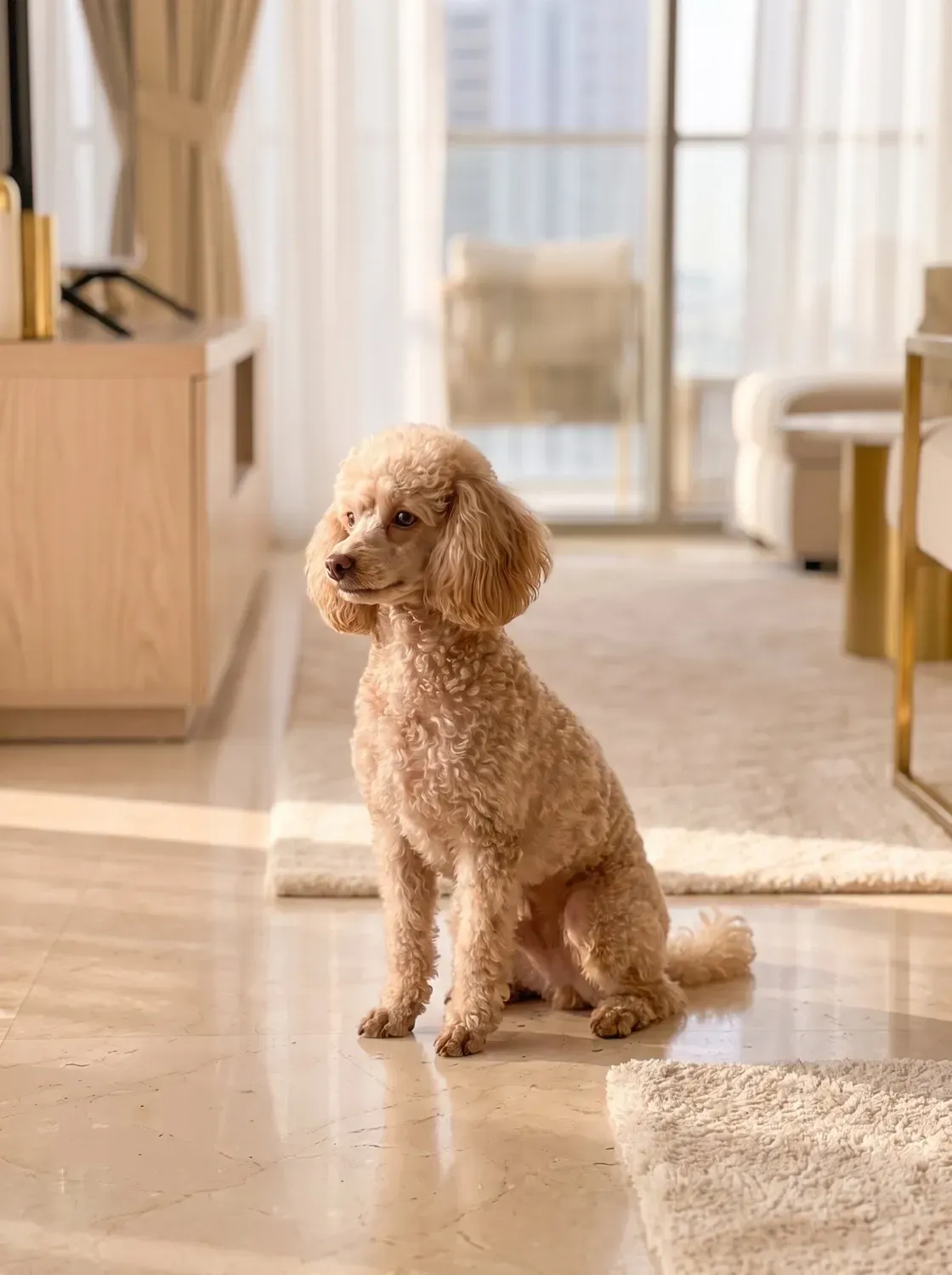 Toy Poodle, a cafe au lait adult sitting on the marble floor of a bright flat, looking towards the window