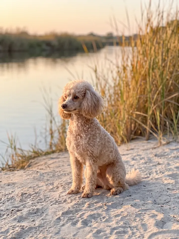 Toy Poodle, a cafe au lait adult sitting on a sandy riverbank lined with reeds at sunset