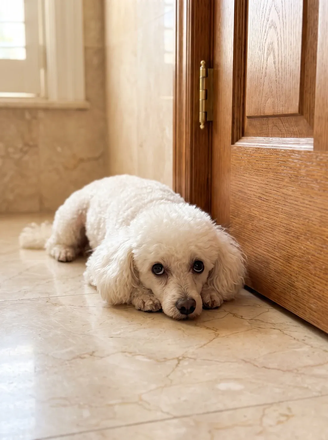 Toy Poodle, a white adult lying chin down by a closed door on a marble floor