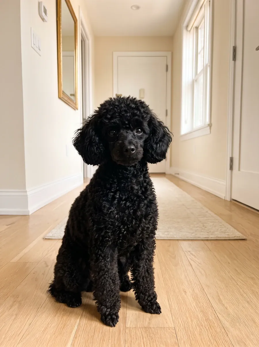 Toy Poodle, a black adult sitting alert in a bright apartment hallway