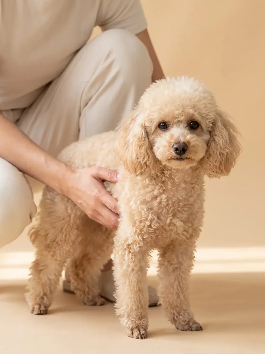 Toy Poodle, a pet parent crouching beside a cream adult, one hand resting gently on the dog's side