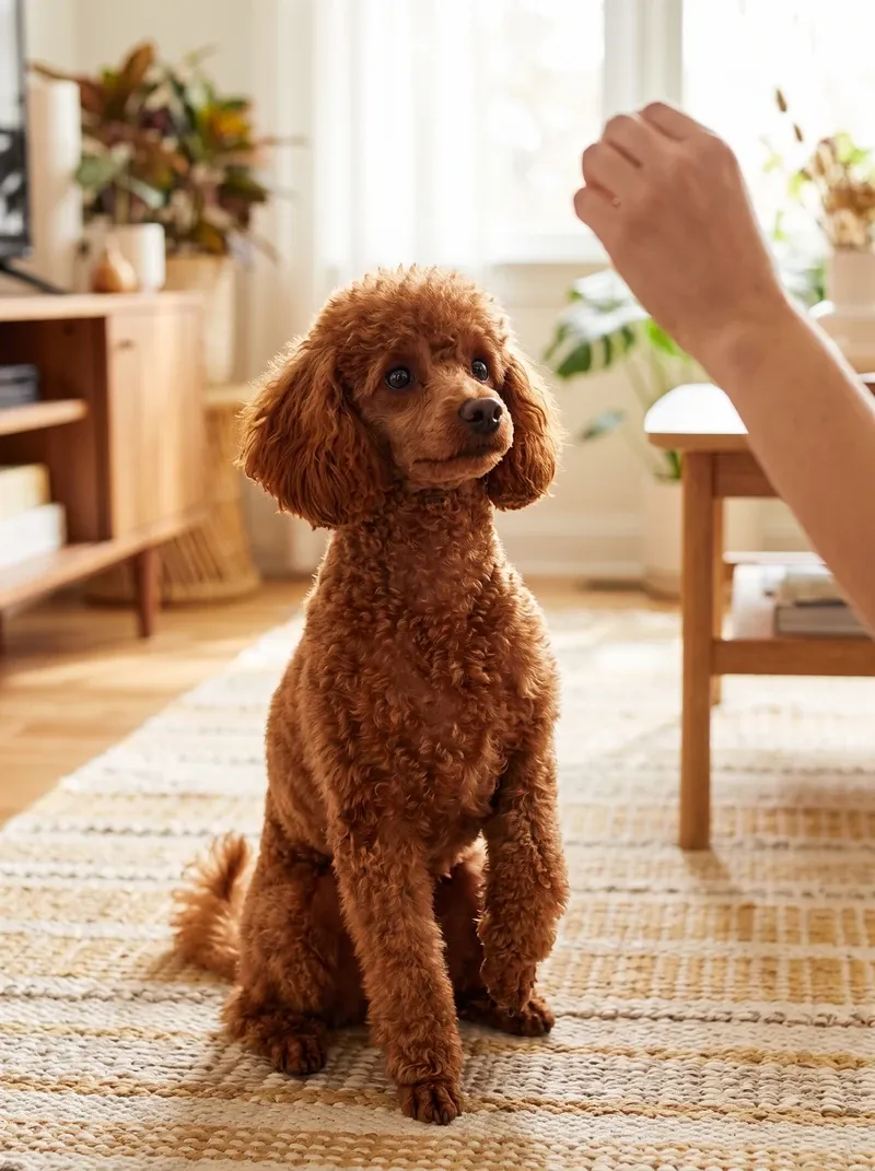 Toy Poodle, a red adult sitting neatly on a rug, eyes on a pet parent's raised hand