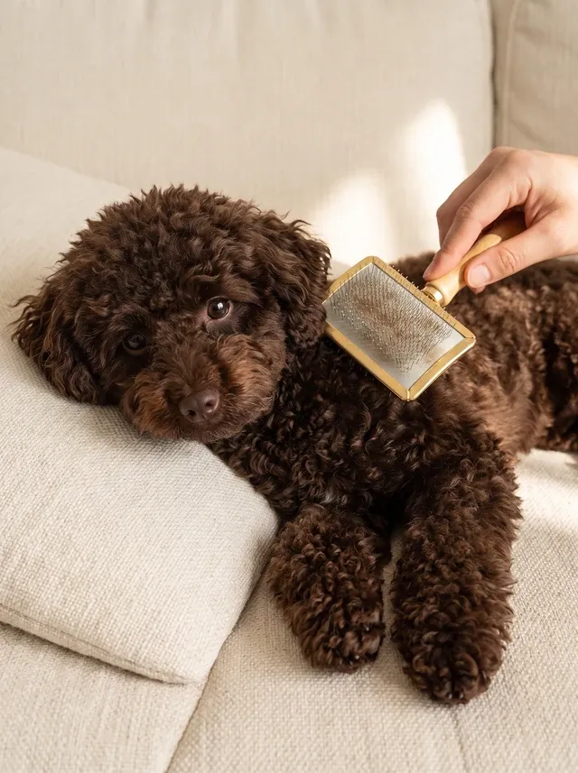 Toy Poodle, a brown adult lying on a cream sofa as a hand brushes the dog's curls