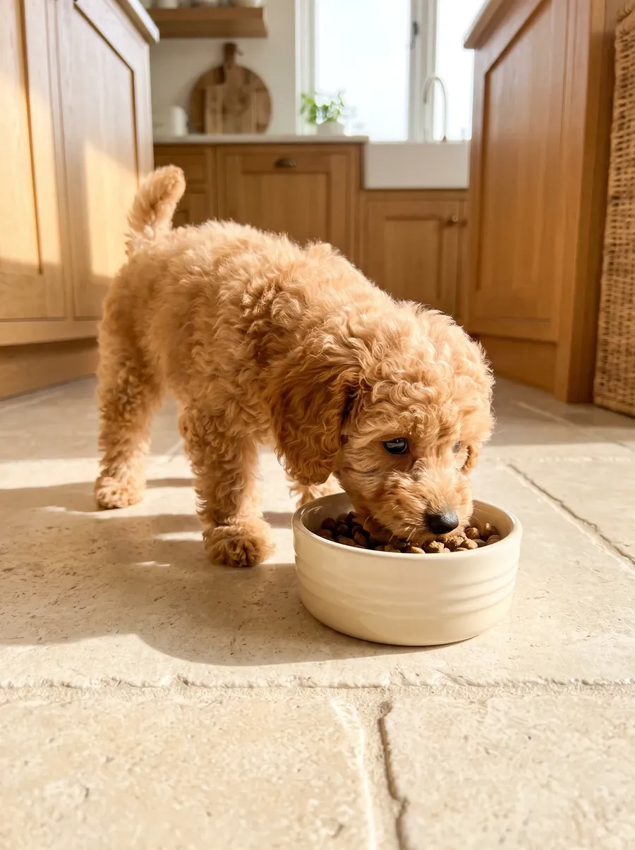 Toy Poodle, an apricot puppy eating from a ceramic bowl on a stone kitchen floor